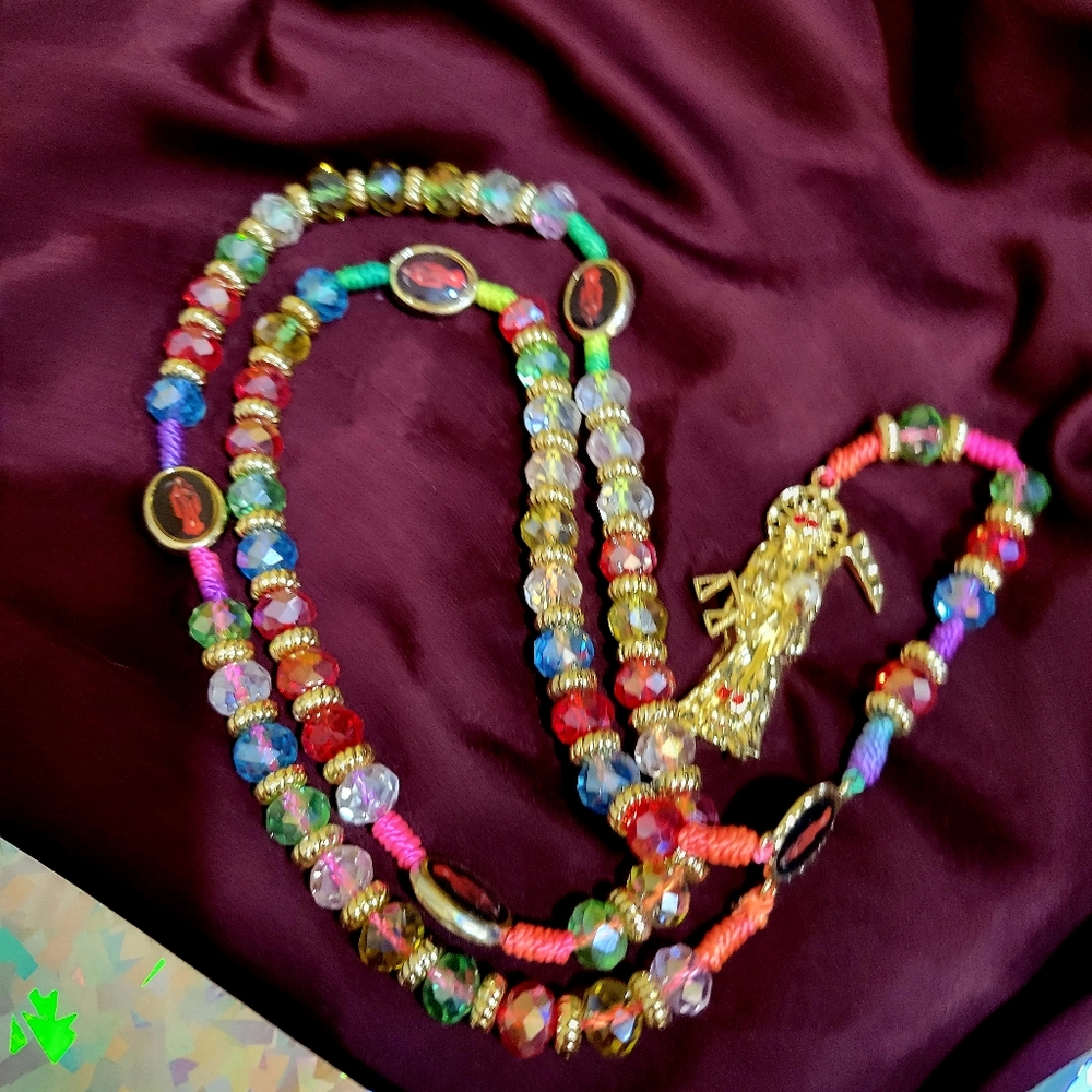 Santa Muerte Rosary crystal beads Rosario  10mm 2 sided shiny multicolor…